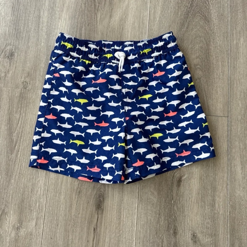Janie and Jack boys Size 5 Navy Fish Print Swim Trunks Draw-Ties EC